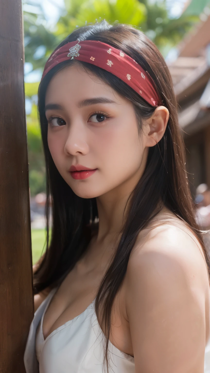 Perfect Beautiful Girl , Baby Face , She is Indonesian , White Skin , Brown Eye , Cleavage , Small Breast ,Naked , Red lips, 18 Years Old , Girly , Long Brown Hair , HDR , Extreme Detailed , Headband , Look at Viewer , Highly Resolution , Malay building