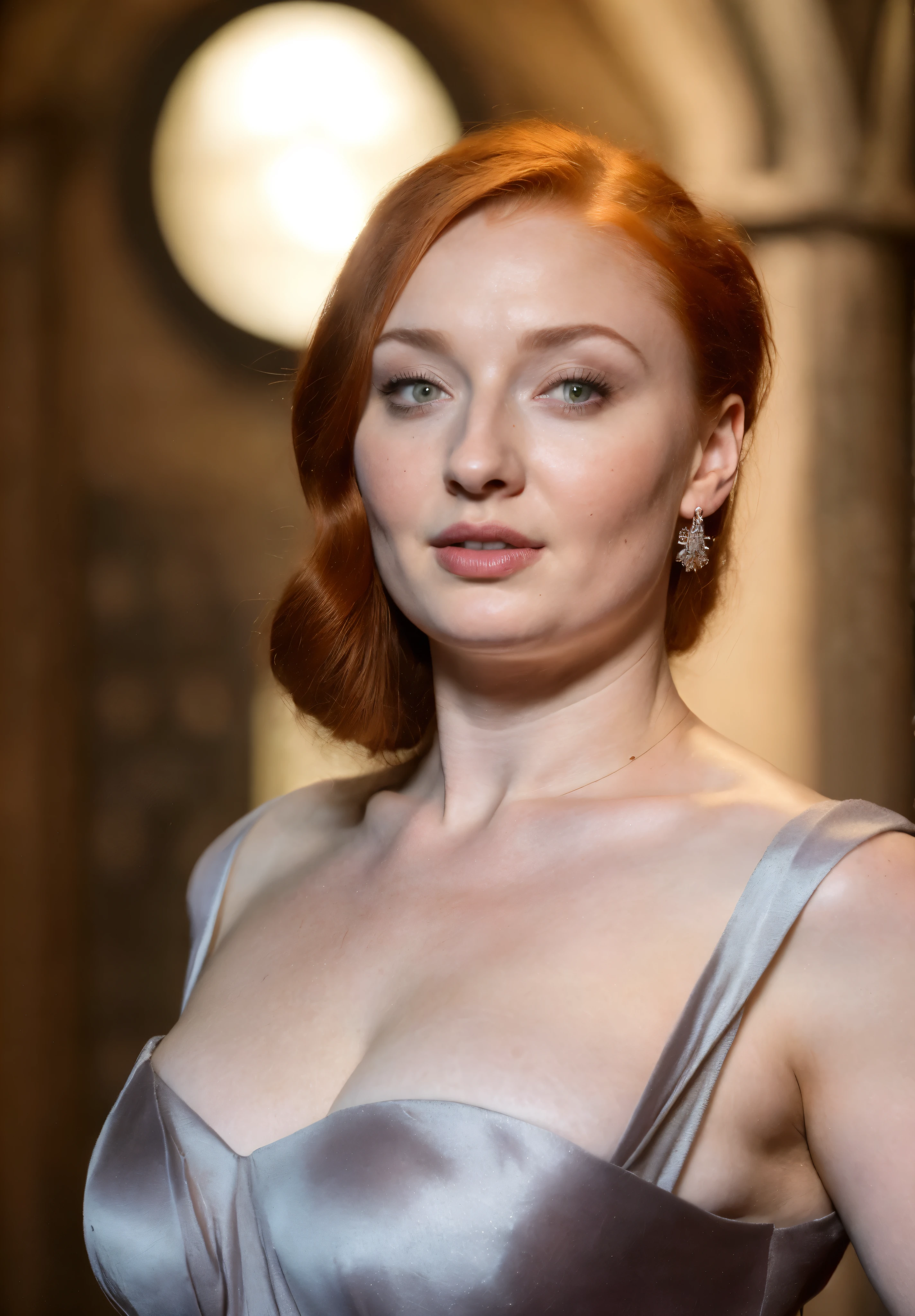 Face of Sophie Turner, Portrait of Sansa Stark, Sansa Stark played by Sophie Turner, the de facto Lady of the Eyrie, is a 60-year-old mature queen with a stunning, alluring appearance, mommy figure, wide body, heavy figure, fleshy bulky figure, Full Face, Full figured woman, pierced eyes, reddish lips, upper body shot, erotic Mediaeval costumes, game of thrones costumes, She wears a Game of Thrones-inspired costume and has a deep cleavage, a perfect thick body, and a perfect thick figure. The photograph captures her in a close-up, with her skin texture and facial features being ultra-realistic and realistic. Juicy thick figure, Sansa's breast is now heavier and saggy as she is aged mature lady now, high quality skin, Skin pores, amazing details, snow, snow flakes, semi realistic, extremely detailed eyes, dark moody orange and black settings, cool environment, artificial intelligence, high quality skin, insane details, veins visible slightly, mole on the breast, freckles 0.1, wrinkles 0.1, queen mother, game of thrones like background settings, her skin has a naturally rough texture with pores and fine lines, aged mature beauty, mother queen, mom figure, visible blue veins,Mole on the breast, insane details,