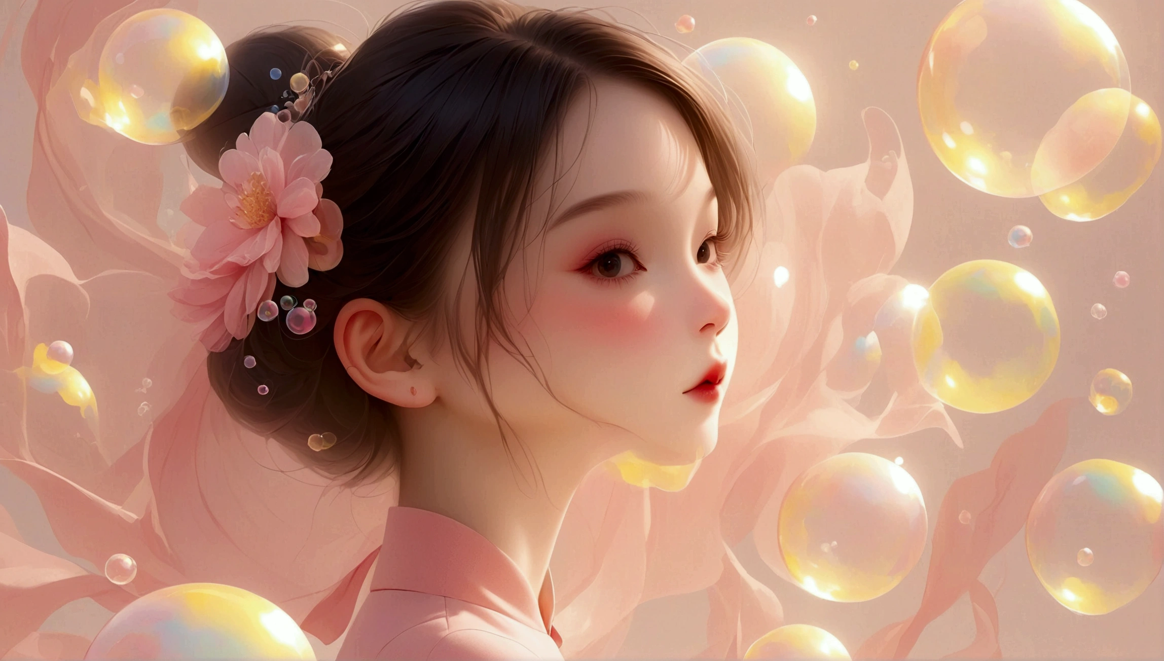 Character setting diagram；1 dancing little girl,。Solitary,Wearing a cute pink dress，Happy expression，Playful；Delicate face；The character is on the right side of the frame，Full body portrait；Light pink background，There are many transparent bubbles in the picture，Big bubbles；Pure background（The background is a solid color）； Depth of Field, Extraordinary details, masterpiece, high quality, 4K，Leave white space in the center of the screen。