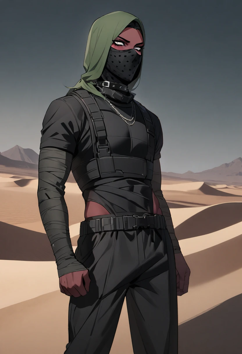 Male arab modern terrorist, terrorist, black short balaclava, green bangs, black bandage, white eyes, black clothes, black pants, thin waist, sexy body, femboy, red skin, makeup, black eyeliner, big eyelashes, black eyeshadow, metal choker, desert, night
