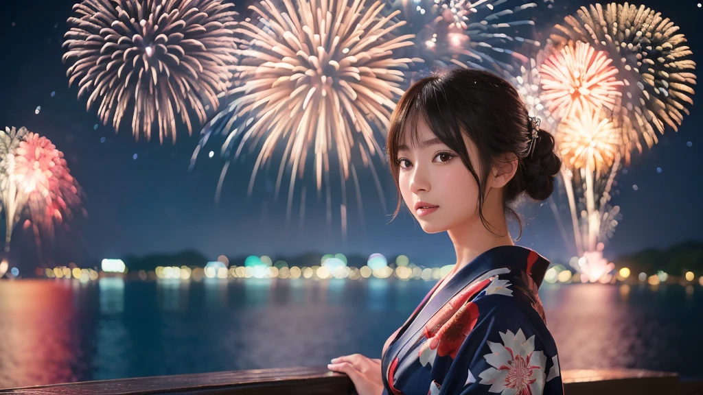 kawaii, (1woman), (yukata), (Best Quality:1.4), Realistic, extremely detailed CG unified 8k wallpaper, highly detailed, professional photography, Close up portrait of girl, Outdoors, Beautiful scenery, beach, (The night sky, fireworks, beautiful fireworks spreading across the sky:1.4), upper body photos, (Fine face:1.2), From the side