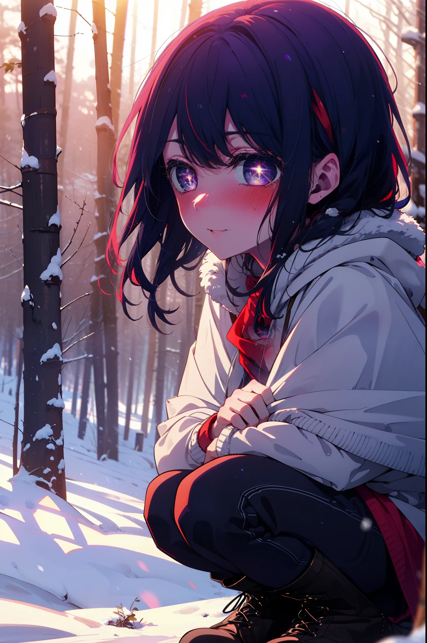aihoshino, Ai Hoshino, Long Hair, bangs, (Purple eyes:1.1), Purple Hair, (Symbol-shaped pupil:1.5), smile,,smile,blush,white breath,
Open your mouth,snow,Ground bonfire, Outdoor, boots, snowing, From the side, wood, suitcase, Cape, Blurred, , forest, White handbag, nature, Squat, Mouth closed, Cape, winter, Written boundary depth, Black shoes, red Cape break looking at viewer, Upper Body, whole body, break Outdoor, forest, nature, break (masterpiece:1.2), Highest quality, High resolution, unity 8k wallpaper, (shape:0.8), (Beautiful and beautiful eyes:1.6), Highly detailed face, Perfect lighting, Highly detailed CG, (Perfect hands, Perfect Anatomy),