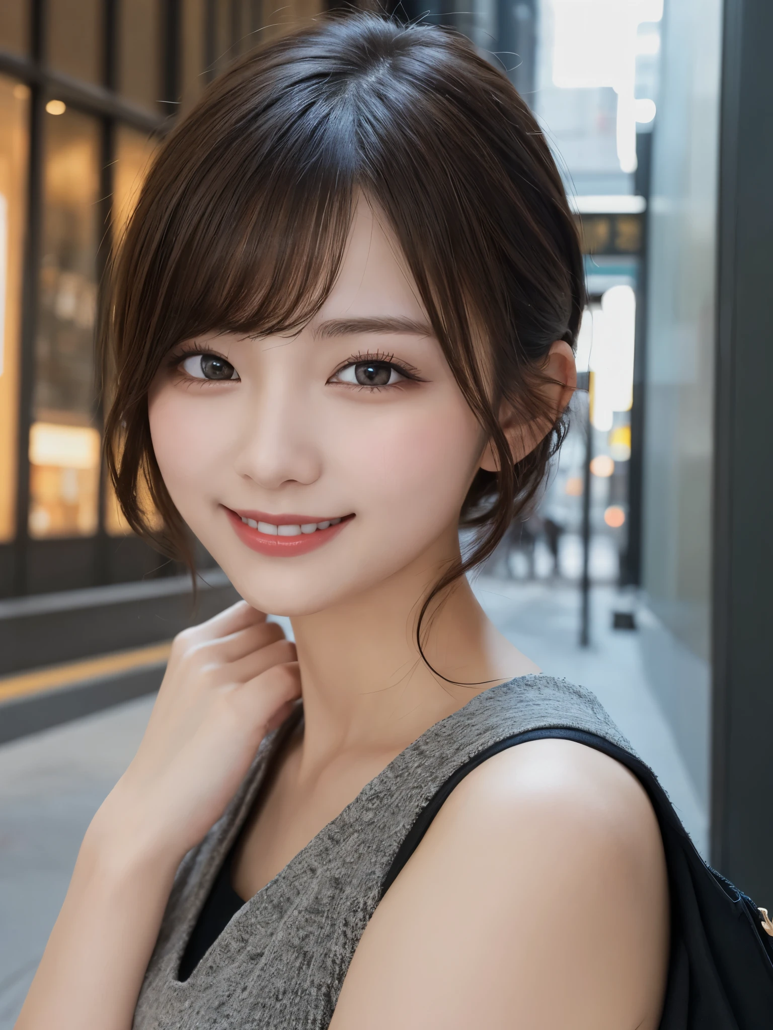 masterpiece, best quality, illustration, ultra-detailed, finely detailed, high resolution, 8K wallpaper, perfect dynamic composition, beautiful detailed eyes, Ginza, high-end fashion, short hair, confident expression, cute, smile, looking at camera