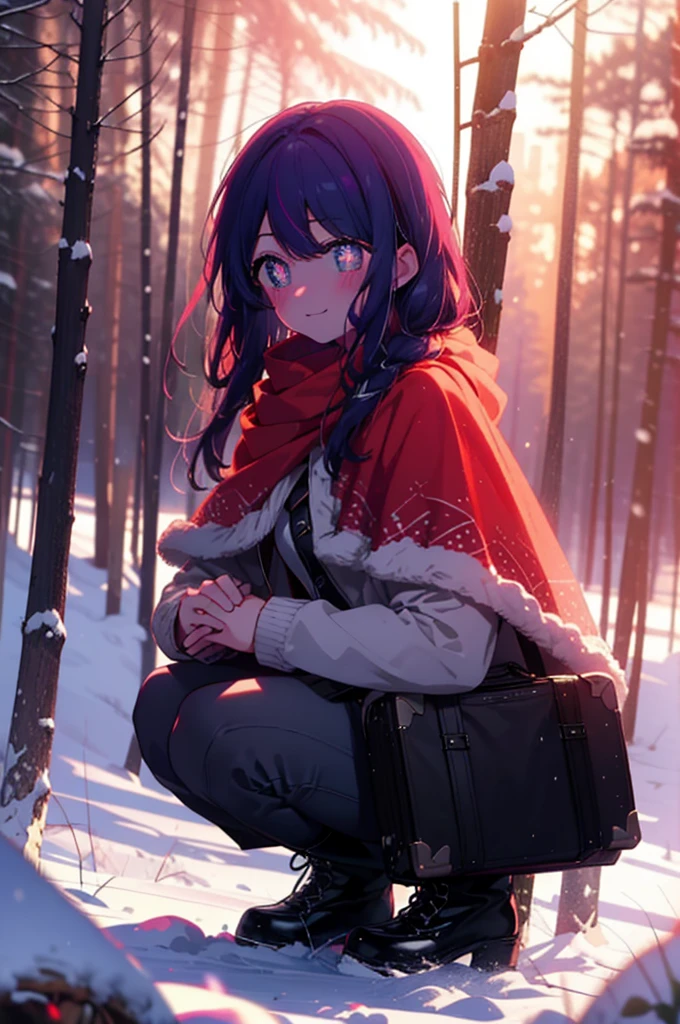 aihoshino, Ai Hoshino, Long Hair, bangs, (Purple eyes:1.1), Purple Hair, (Symbol-shaped pupil:1.5), smile,,smile,blush,white breath,
Open your mouth,snow,Ground bonfire, Outdoor, boots, snowing, From the side, wood, suitcase, Cape, Blurred, , forest, White handbag, nature, Squat, Mouth closed, Cape, winter, Written boundary depth, Black shoes, red Cape break looking at viewer, Upper Body, whole body, break Outdoor, forest, nature, break (masterpiece:1.2), Highest quality, High resolution, unity 8k wallpaper, (shape:0.8), (Beautiful and beautiful eyes:1.6), Highly detailed face, Perfect lighting, Highly detailed CG, (Perfect hands, Perfect Anatomy),
