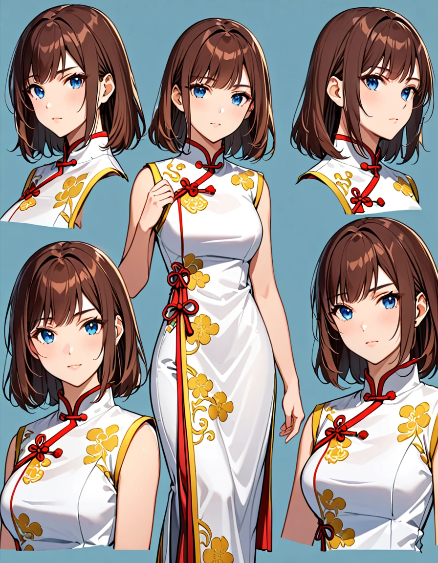 (Masterpiece), (best quality), (high resolution), 1 woman, Tall, Beautifully detailed eyes, Beautifully detailed face, serious, perfect hand, Complete finger, perfect anatomy, perfect proportions, ((brown hair, medium hair, hair down)), ((blue eyes)), ((Chinese dress (Qibao) Chinese clothing design)), ((white dress, Open the cover.)), chest, medium chest, look at viewer, (alone, alone focus), stand,, ((V yellow (mark) บนchest)), Whole costume design. simple background, Many perspectives, Full length character sheet.