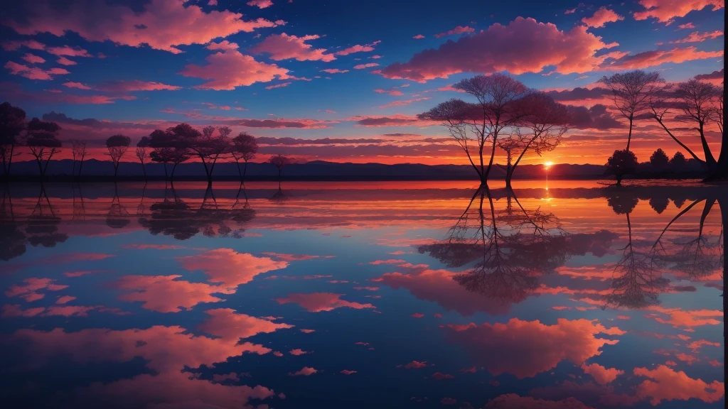 Lake and trees々A beautiful sunset can be seen against the backdrop of, Colorful sky, Surreal colors, Colorful sunset, Colorful Sky, Amazing reflection of the sky, Beautiful sky, Dreamy atmosphere 8k, Multicolored clouds, Colours reflected in the lake, Surreal Sky, Red and blue reflections, Fire Reflection, Beautiful sky, Beautiful and spectacular sunset, Beautiful dreamy landscape, Beautiful sky