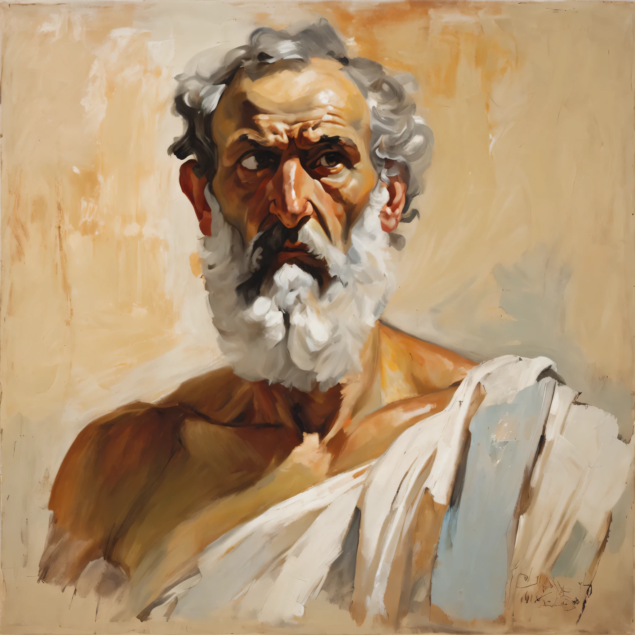 "470B.c. A middle-aged Greek man, Dressed in period clothes, is bare-chested. His finger is pointing upwards with an angry expression on his face. He has a full white beard. There is no background in the image. The style of the artwork should be similar to that of Jacques-Louis David."