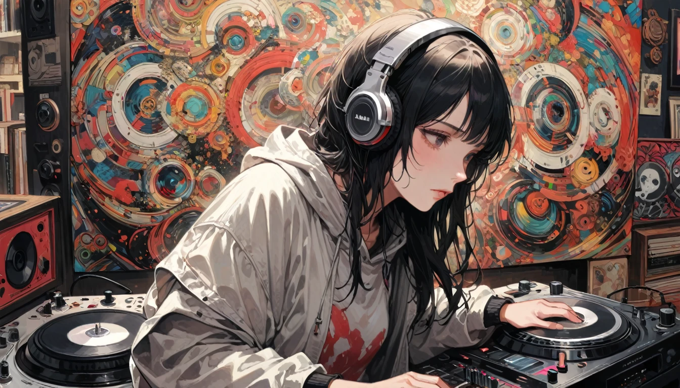 girl, Beats headphones, Pioneer DJ Turntable, DJ Controller, hoodie, Manga Salon, DJ play, Cowboy Shot, look away from the side, Realistic, Detailed Background, By Tsukasa Hojo, (masterpiece, Highest quality, Perfect composition, so beautiful, Absurd, Very detailed, Intricate details, Professional, Official Art, Representative works:1.3), (Animajin:0.01)