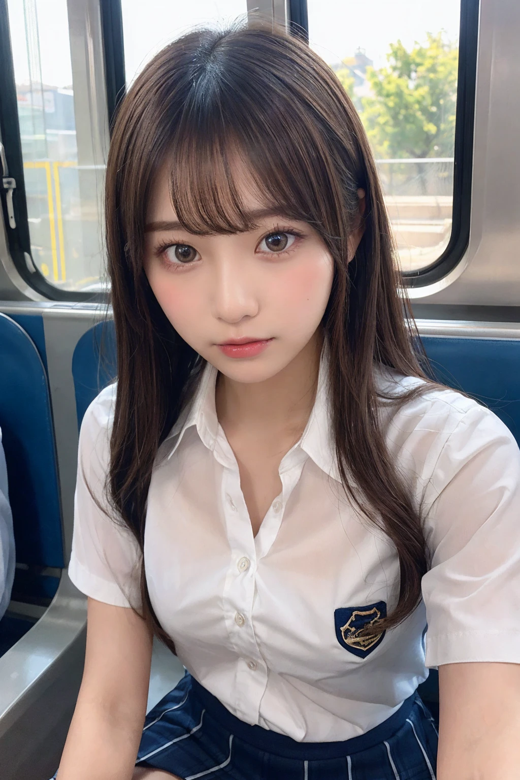 Tabletop, Highest quality, One Girl,Show off her white panties1.6Squat (beautiful girl, Cosplayers:1.3), (s old:1.2), Definition of Very Fine Particles, (Symmetrical eyes:1.3), (Beautiful views, Sit in a long seat on the train), (Low angle shot, From below, Front view:1.3), (school uniform, White shirt, mini skirt:1.3), Beautiful breasts, Brown eyes, Parted bangs, Brown Hair