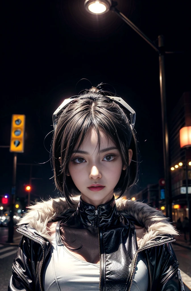 Cinema Lighting,Highly detailed skin、Beautiful details、Highest quality,cyber punk,(Exchange、Dim color, Calm tone、Perfect Anatomy:1.3),(One beautiful woman、Beautiful features down to the last detail:1.3)(Black short hair)Shapely breasts、break.White Shirt Tops、Black Satin Suit Slacks、(purple fur down jacket)break.Black Hair、Put your hands in your pockets、Arms crossed、Near city station、night。Japanese, Huge
