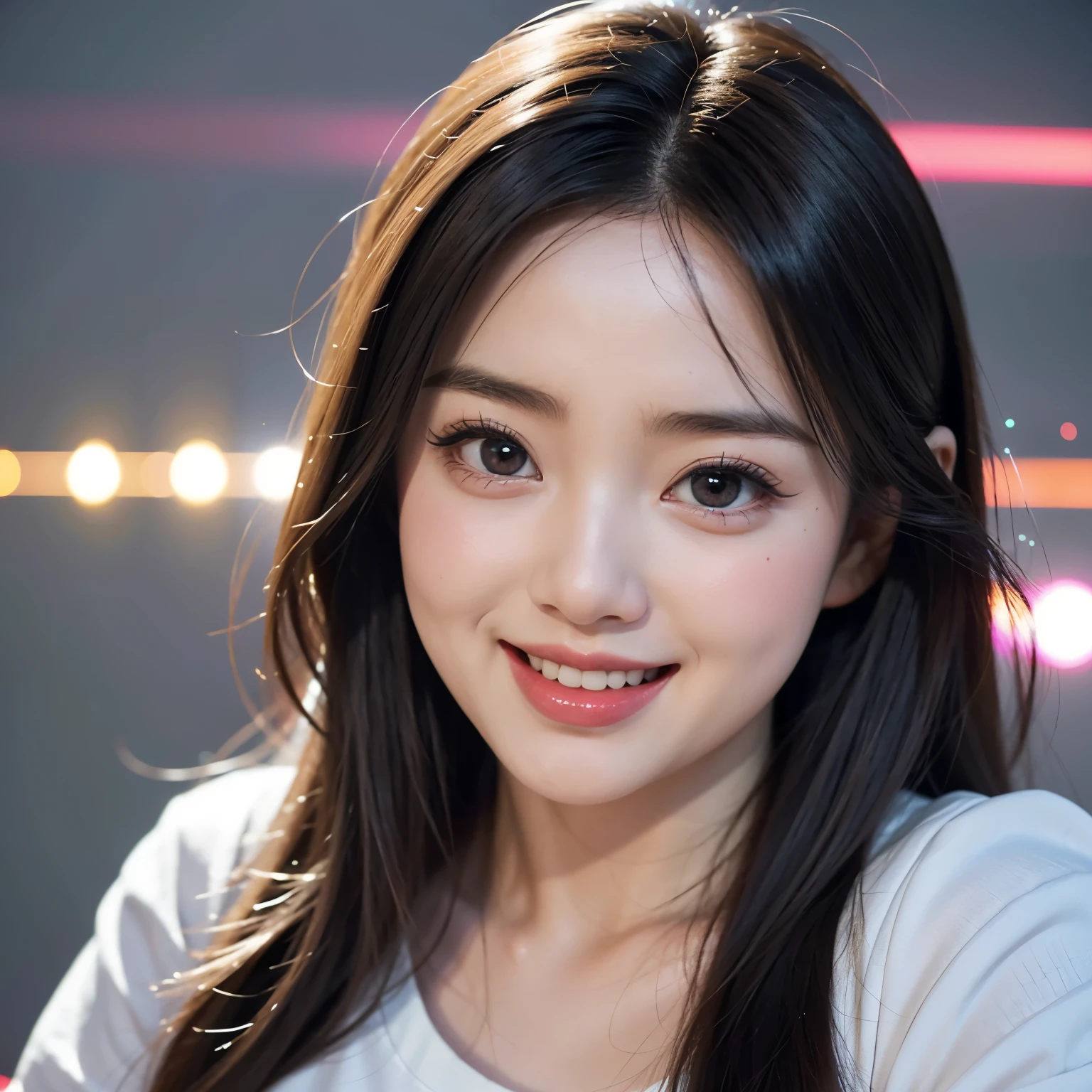 White and Red, Masterpiece of (ProfessionalPhoto:1.37) ExtremelyDetailed (((KAWAII girl with HUGE boobs:1.37)) (KAWAII t-shirt) Extremely detailed (Delicate cotton textures) PerfectLighting (Studio Dark GRAY Background) with (Dazzling RainbowColor Particles:1.28) BREAK (((NOGIZAKA FaceVariations))), Extremely Detailed (very KAWAII Face), Childish CaptivatingGaze Stunning ParfectEyes ElaboratePupils with (SparklingHighlights:1.28), DoubleEyelids with (Detailed Voluminous LongEyelashes:0.88), Small GlossyRedLips with BeautifulDetails, CoquettishTongue, PUNIPUNI RosyCheeks, Radiant PearlSkin with Transparency, Glowing DowneyHair . { (Dynamic Joyful expressions LifeLike Rendering:1.4) | (:d) }, (large eyes:-1) .