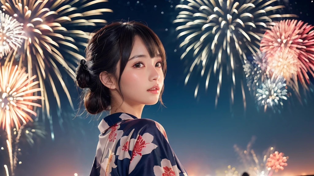 kawaii, (1woman), (yukata), (Best Quality:1.4), Realistic, extremely detailed CG unified 8k wallpaper, highly detailed, professional photography, Close up portrait of girl, Outdoors, Beautiful scenery, beach, (The night sky, fireworks, beautiful fireworks spreading across the sky:1.4), upper body photos, (Fine face:1.2), From the side