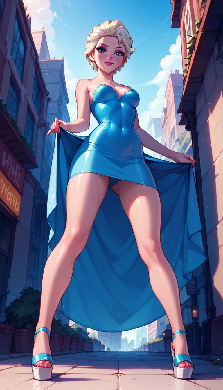 score_9, score_8_up, score_7_up, score_6_up, elsa, short hair, ultra short bodycon dress, wedge sandals, cinematic lighting,, looking at viewer, city background, low angle.