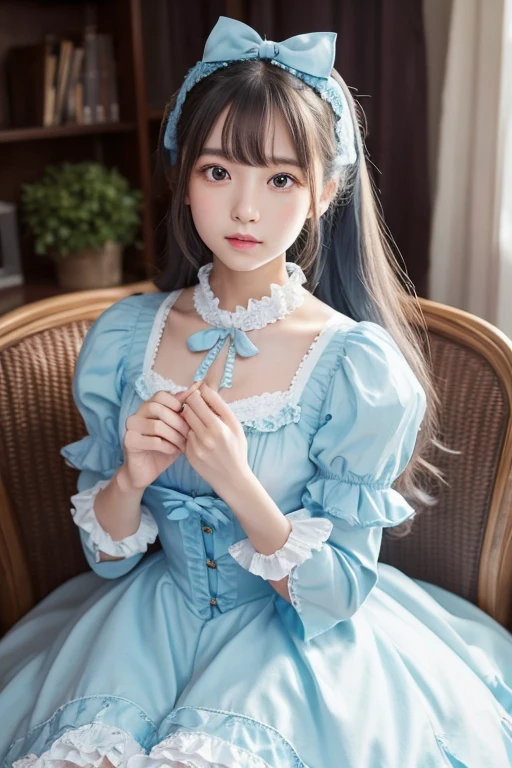 A Japanese woman wearing sweet Lolita fashion in a light Blue color. She has large, almond-shaped eyes with an intense gaze. The scene should emphasize the intricate details of her outfit, highlighting the frills, bows, and lace typical of sweet Lolita fashion. The overall atmosphere is cute and elegant, with a focus on the pastel blue tones of her clothing and the captivating features of her eyes,8k