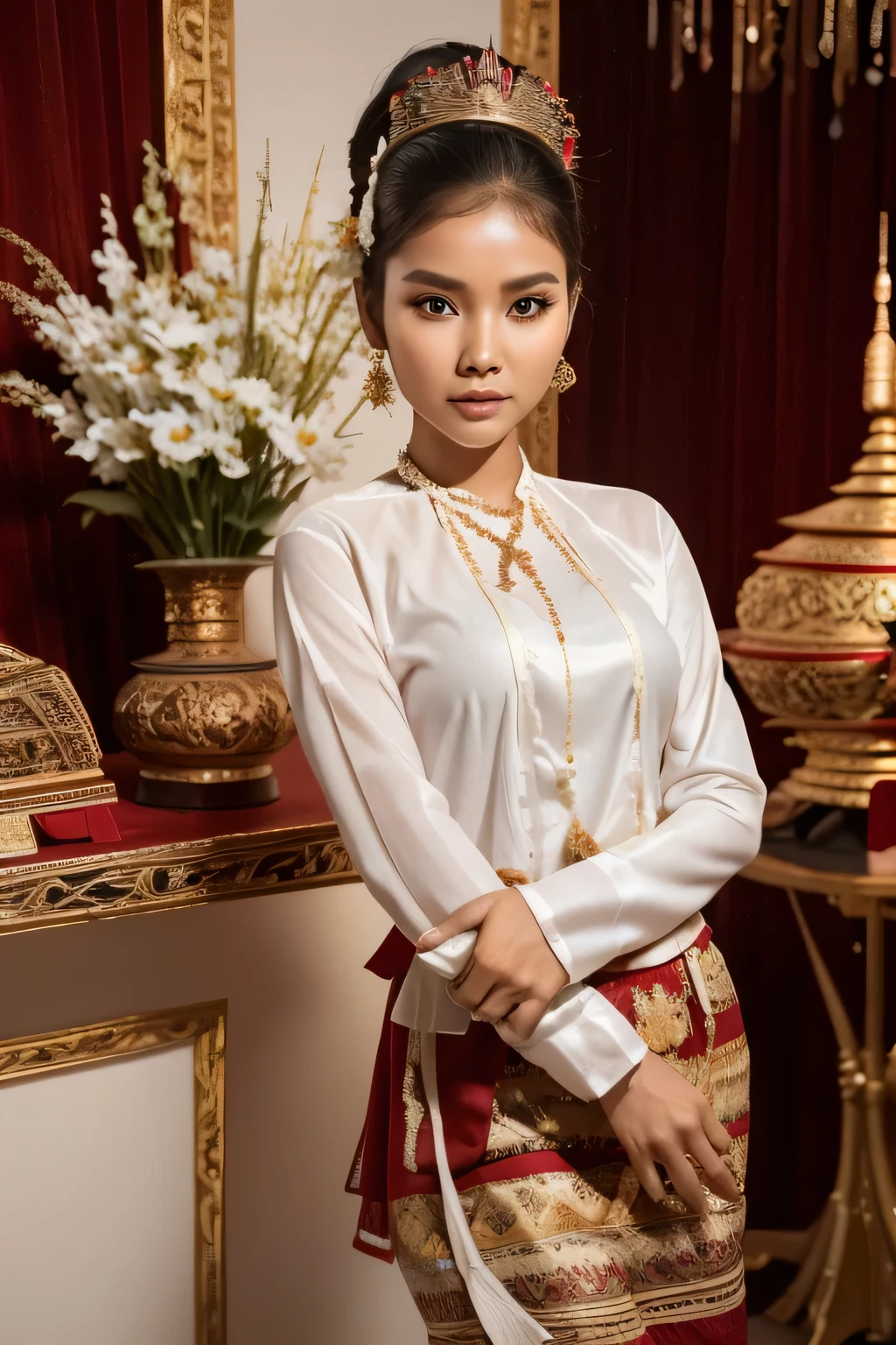 a woman in a traditional Myanmar dress holding a large red vase, traditional dress, traditional beauty, traditional, traditional clothes, traditional art, traditional Burma costume, traditional clothing, traditional costume, wearing traditional garb, traditional photography, south east asian with long, nivanh chanthara, wearing authentic attire, ((Best quality, 8k, Masterpiece :1.3)), Sharp focus :1.2, A pretty Myanmar woman with perfect figure :1.4, Slender abs :1.2, ((Dark brown hair)), Highly detailed face and skin texture, Detailed eyes, Double eyelid