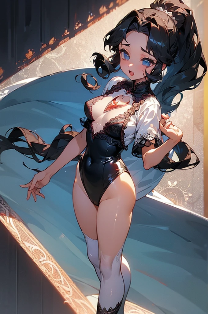 Supergirl, Age 27, Full body view Beautiful woman (((Long wavy black hair, ponytail、With bangs))) defined body, Sensual, sexy, Red lipstick, Raise your hand, Open your mouth a little, Standing facing the camera, ((( Short sleeve, Shiny white satin leotard with black lace trim and black lace embroidery))), On the deck of a super yacht anchored near a tropical island, (big_chest:1.4) (Curvy:1.3)(Chubby:1.0)