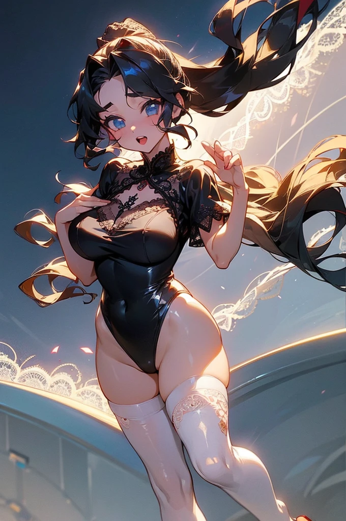 Supergirl, Age 27, Full body view Beautiful woman (((Long wavy black hair, ponytail、With bangs))) defined body, Sensual, sexy, Red lipstick, Raise your hand, Open your mouth a little, Standing facing the camera, ((( Short sleeve, Shiny white satin leotard with black lace trim and black lace embroidery))), On the deck of a super yacht anchored near a tropical island, (big_chest:1.4) (Curvy:1.3)(Chubby:1.0)