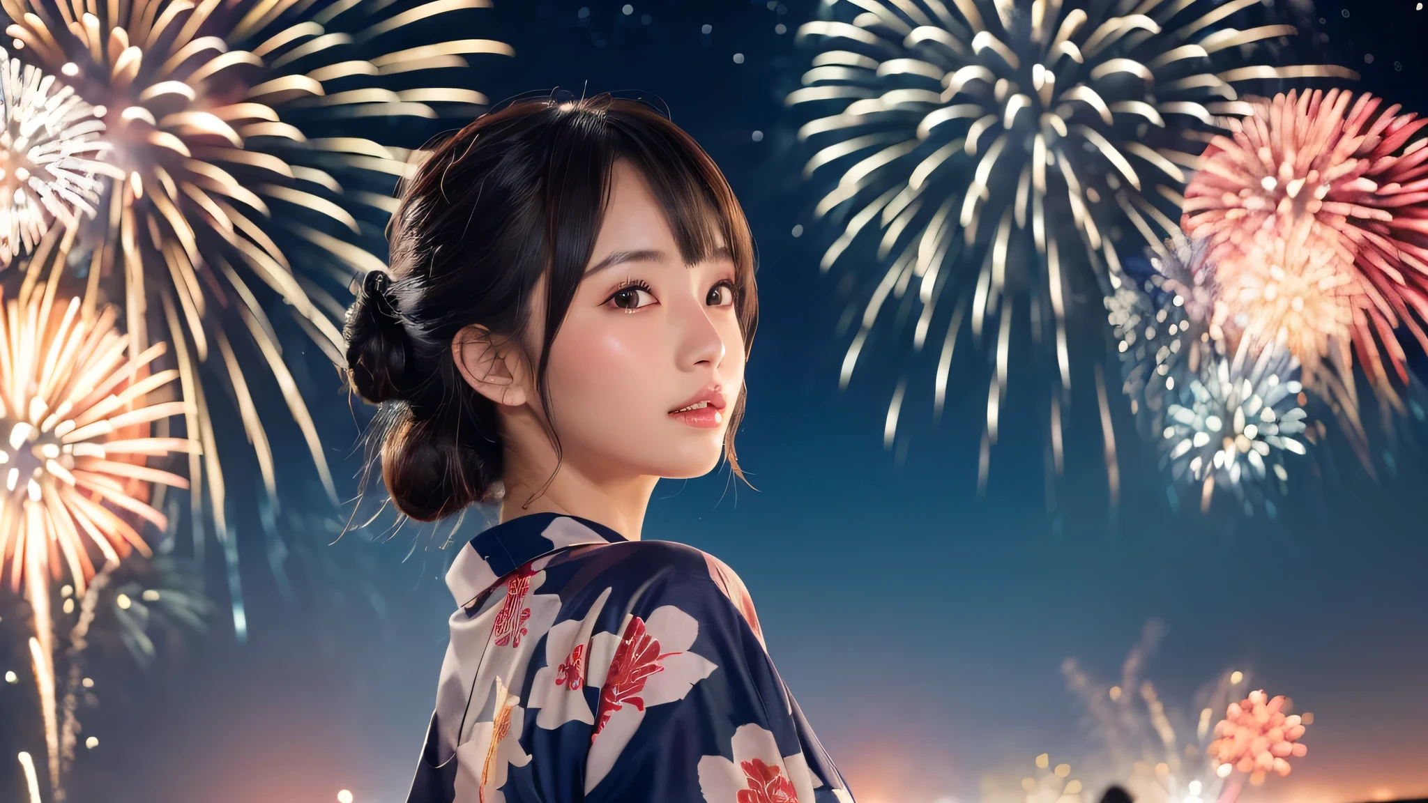 kawaii, (1woman), (yukata), (Best Quality:1.4), Realistic, extremely detailed CG unified 8k wallpaper, highly detailed, professional photography, Close up portrait of girl, Outdoors, Beautiful scenery, beach, (The night sky, fireworks, beautiful fireworks spreading across the sky:1.4), upper body photos, (Fine face:1.2), From the side