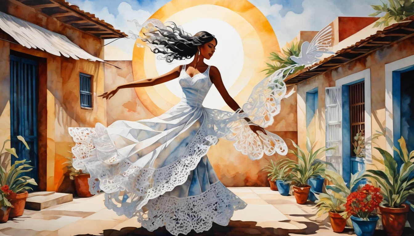 Cuban woman dancing salsa、A fusion of oil and watercolor, A fusion of paper cutting and shadow art, Highest quality, Super Fine, 16K, Incredibly absurd, Very detailed, delicate and dynamic, Light steppe, Bright sunlight, large piece of frilly white lace hanging out to dry fluttering in the Wind, Wind, Wind effects, A work of art depicting peaceful happiness