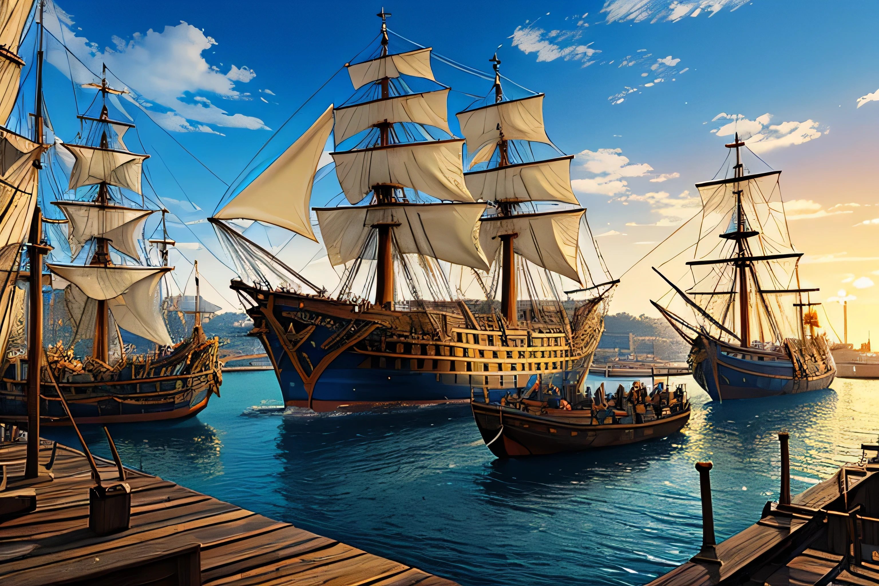 medieval european harbor town, bustling shipyard, large galleon ship docked, workers carrying cargo, bright sunlight, blue sky, masterpiece, high quality, illustration, intricate details, dynamic composition, realistic lighting, warm color palette, cinematic atmosphere,ultra-detailed,  HDR, UHD, studio lighting, ultra-fine painting, sharp focus, physically-based rendering, extreme detail description, professional, vivid colors, bokeh