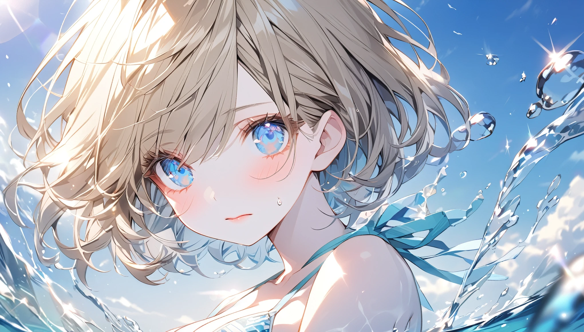 Cute girl in swimsuit（original bikini swimsuit）(Small body) (Girl:1.5), (blonde:1.5）(eyelash:1.2)(eye shadow:1.3) (blue eyes:1.5), (Beautiful details:1.4) (Short Bob Hair:1.4), (blue eyes)(Big Breasts:1.3) (White skin:1.2)height: 130cm, original character, Fantasy, View Viewer Art： (美しい深い瞳を持つGirl. The depth of field in the photo is perfect、Lens flare creates a nice atmosphere. The details of her face really stand out, This photo is definitely a 10+... background, There is a beautiful sea with crystal clear water and floating water droplets.　I was embarrassed and panicked.