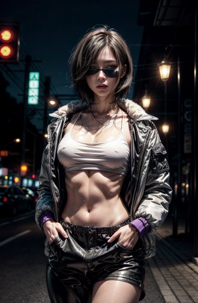 Cinema Lighting,Highly detailed skin、Beautiful details、Highest quality,cyber punk,(Exchange、Dim color, Calm tone、Perfect Anatomy:1.3),(One beautiful woman、Beautiful features down to the last detail:1.3)（Black short hair）Shapely breasts、break.White Shirt Tops、Black Satin Suit Slacks、(purple fur down jacket)break.Black Hair、Put your hands in your pockets、Arms crossed、Near city station、night。Japanese, Huge 