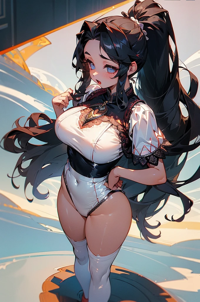 Supergirl, Age 27, Full body view Beautiful woman (((Long wavy black hair, ponytail、With bangs))) defined body, Sensual, sexy, Red lipstick, Raise your hand, Open your mouth a little, Standing facing the camera, ((( Short sleeve, Shiny white satin leotard with black lace trim and black lace embroidery))), On the deck of a super yacht anchored near a tropical island, (big_chest:1.4) (Curvy:1.3)(Chubby:1.0)