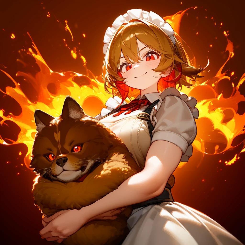 (best quality,masterpiece:1.3), 1girl, muscle girl, Big muscles, maid, breathing fire, combustion, Sparks, burnt clothes, pyrokinesis, Warm tone color, flame, adult, beige hair, red eyes, smiling, expressive eyes, standing, looking at camera, upper body, simple background, holding a Dog on fire