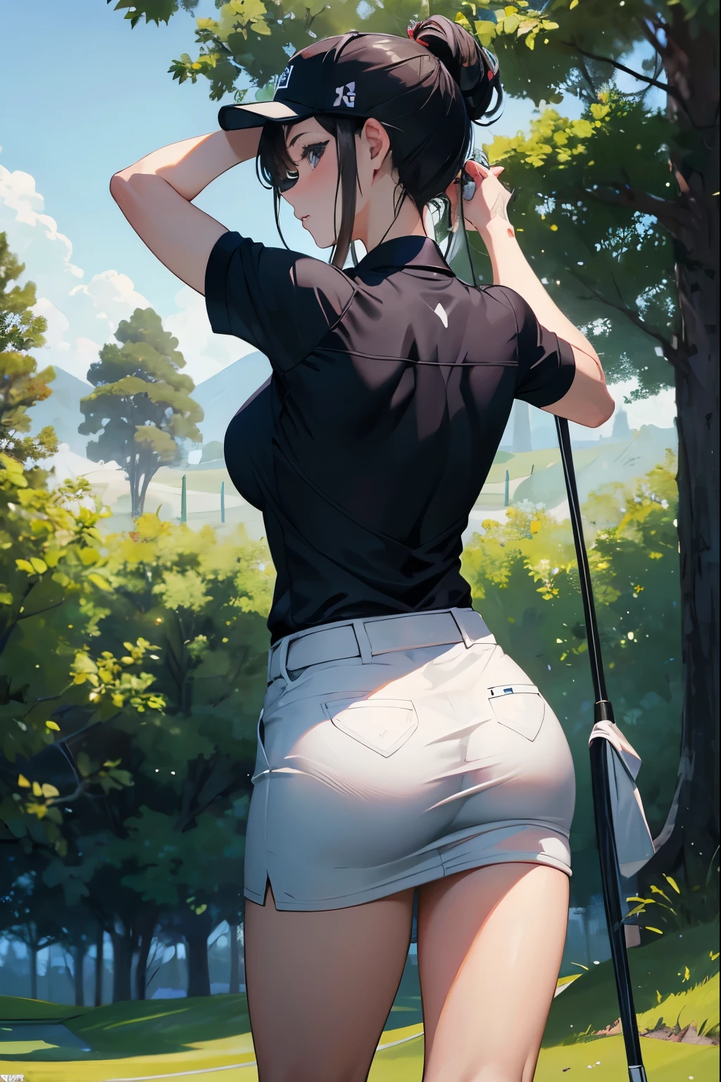 masterpiece, Highest quality, High resolution, Ultra detailed face、Golf Players、have a club、Beauty、Golf Wear、During the game、Sexy、Back view、look back、Innocent expression、cute、