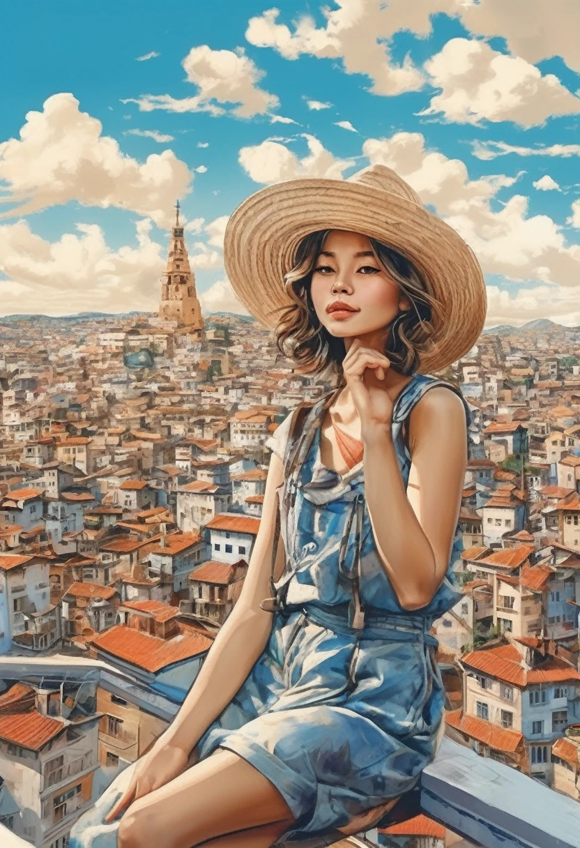 Unbelievable illustrations、A  sitting on a big paper plane、Girl in a straw hat、Smile、beautiful girl、profile、Flying high in the blue sky、Below you can see a small picture of the city.、Fancy、Pop Art、masterpiece、High definition、far and near method、warm color