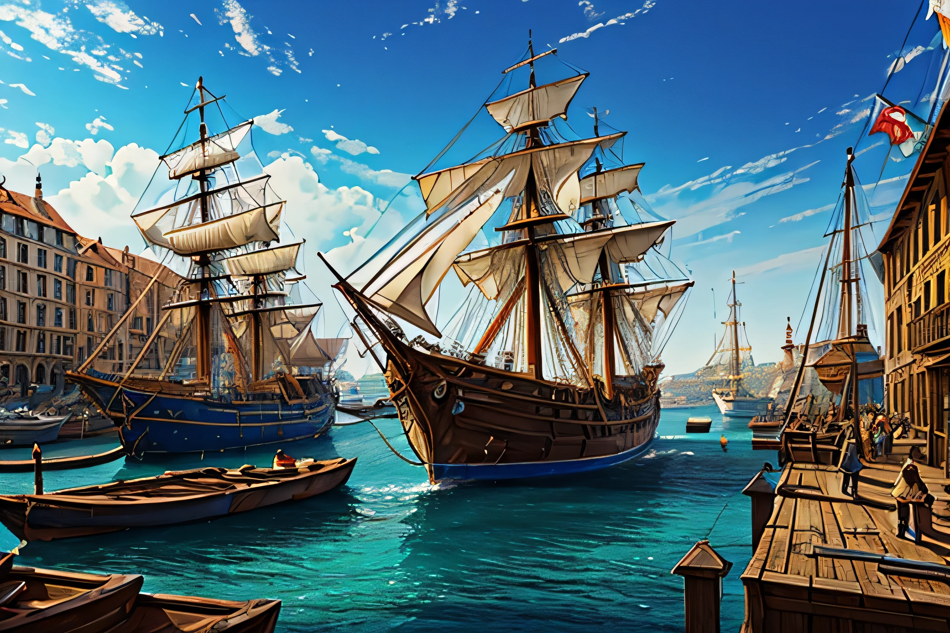 medieval european harbor town, bustling shipyard, large galleon ship docked, workers carrying cargo, bright sunlight, blue sky, masterpiece, high quality, illustration, intricate details, dynamic composition, realistic lighting, warm color palette, cinematic atmosphere,ultra-detailed,  HDR, UHD, studio lighting, ultra-fine painting, sharp focus, physically-based rendering, extreme detail description, professional, vivid colors, bokeh