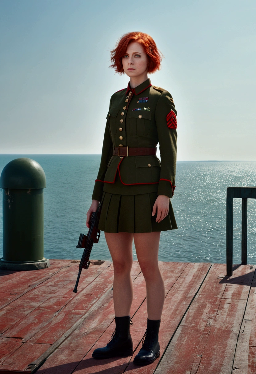 An absurd solution, High resolution, (masterpiece: 1.4), Super detailed, Weapons testing site on an empty pier by the sea, One young woman, Short Red Hair, soldier outfit, A captivating circular optical illusion image that trains the left brain optical illusion