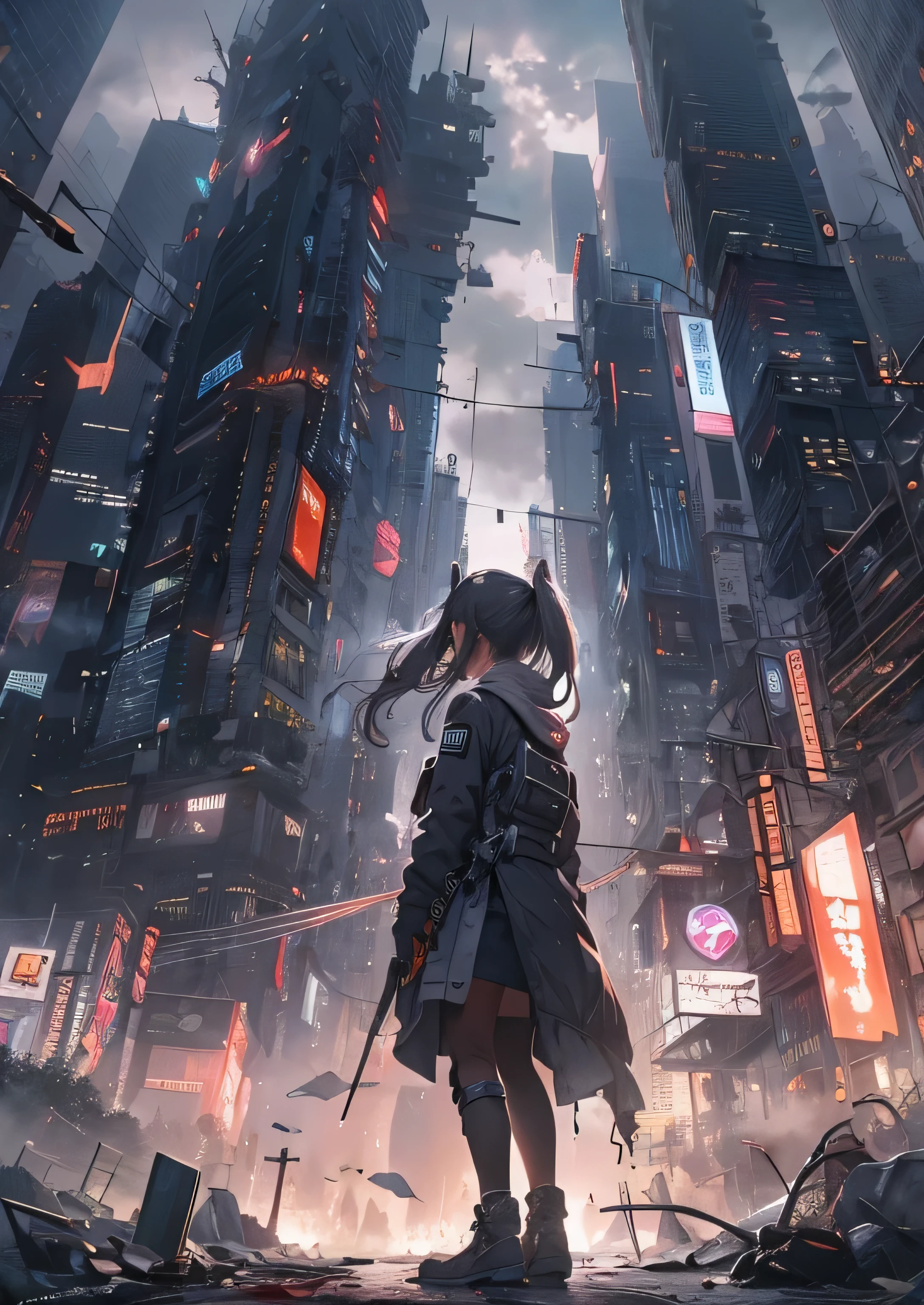 1 girl,13-year-old girl、Cyberpunk Boy、knife,Pointed hairstyle、Best、Covered in blood、Composite Top View、Backlight,The adventure begins、Cloudy,Thick Fog、Midnight,darkness,Chaotic city of the future、Destroyed and ruined city、Dystopia、A very complex group of skyscrapers stands in the middle、A very sophisticated Chinese skyscraper、Quite dim lighting、Dark Lord、puddle、Chaotic landscape、Beautiful and fantastic scenery、Cinematic landscape、high quality、Tabletop,8k、High resolution、Super detailed,