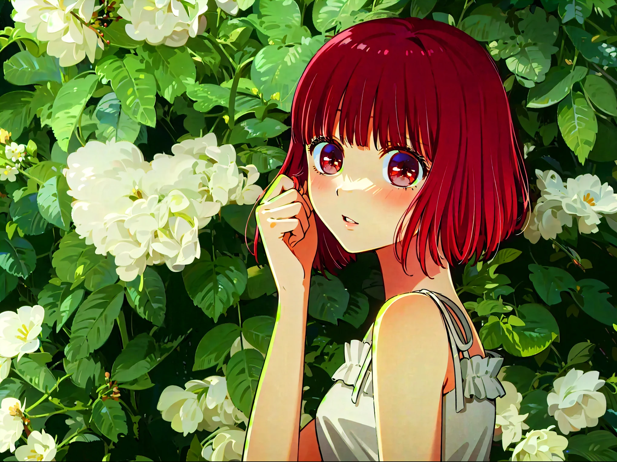 Best quality, masterpiece, ultra high res, (photorealistic:1.4), raw photo, 1girl, white dress, leaves and flowers, glowing skin, light smile, arima kana, red short hair, red eyes