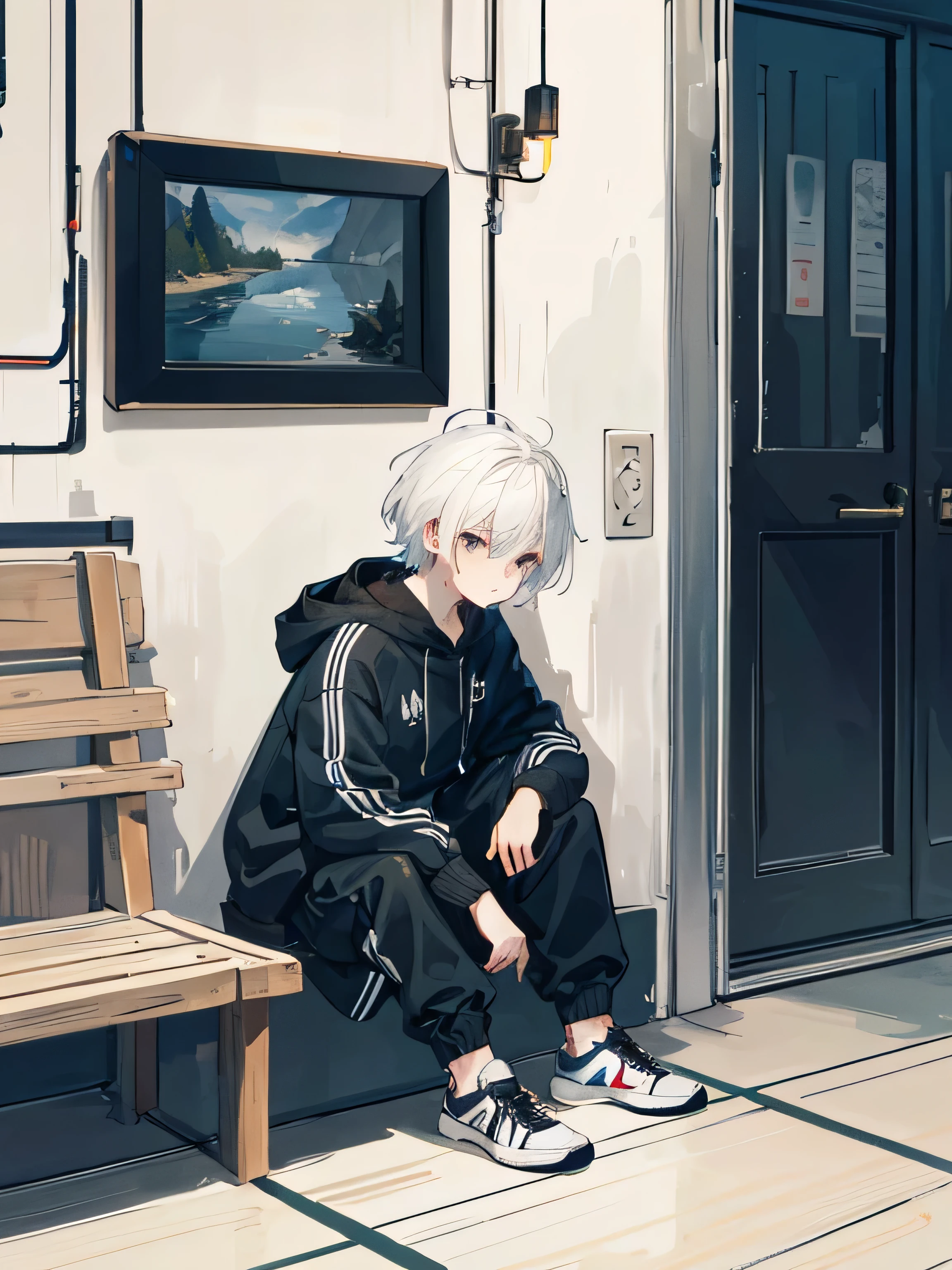 masterpiece, Highest quality, Anime Style, atmosphere，More Information，CG rendering，Sit down and draw，Ray Tracing，sf，Awards，A mysterious feeling，army, (White Hair，Exquisite facial features，One boy, alone, 短いWhite Hair，Hair Straightening，With a cold look，Black hooded sail jacket，A little about Darth Vader，He had a cup of coffee in his hand, sneakers，Non-teens)（The background is a military base at night), (Front view:1.5), (whole body:1.5),