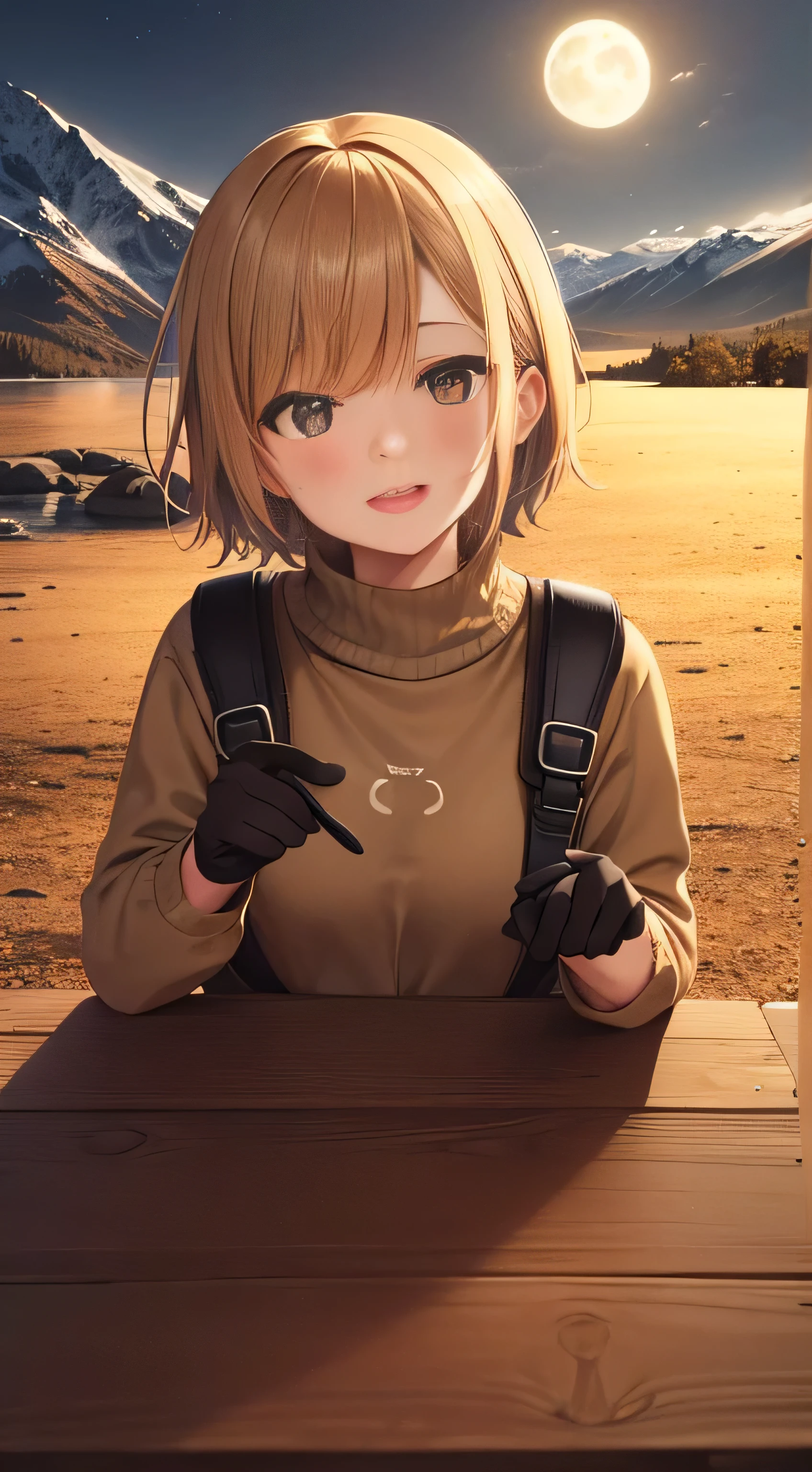 1 female((Upper body selfie, Happy)), Tabletop, Highest quality, Very detailed, alone, Outdoor, (night), Mountain landscape, nature, (performer, moon) Hilarious, Happy, Backpack, sleeping bag, Camping stove, Water bottle, Mountain boots, gloves, sweater, Have, Flashlight, forest, Boulders, river, wood, cigarette, Shadowy, contrast, Clear skies, Analog Style (View the viewer:1.2) (Skin Texture) (Film Grain:1.3), (Warm shades, Warm Tones)