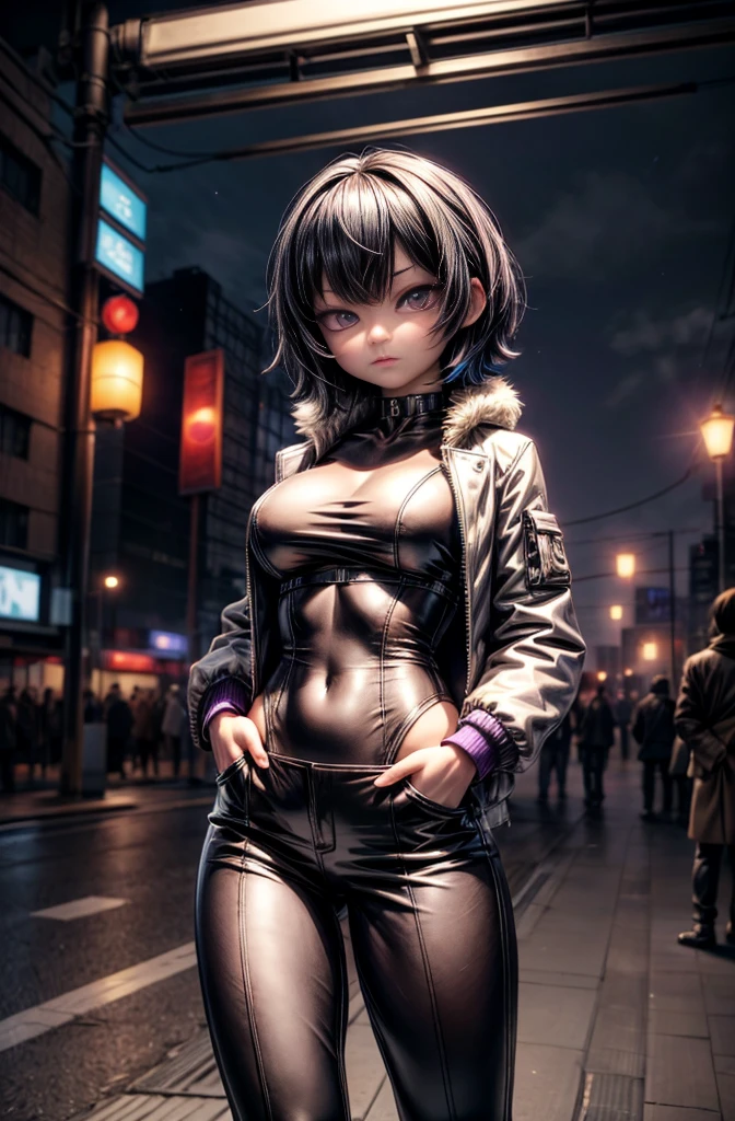 Cinema Lighting,Highly detailed skin、Beautiful details、Highest quality,cyber punk,(Exchange、Dim color, Calm tone、Perfect Anatomy:1.3),(One beautiful woman、Beautiful features down to the last detail:1.3)(Black short hair)Shapely breasts、break.White Shirt Tops、Black Satin Suit Slacks、(purple fur down jacket)break.Black Hair、Put your hands in your pockets、Arms crossed、Near city station、night。Japanese, Huge