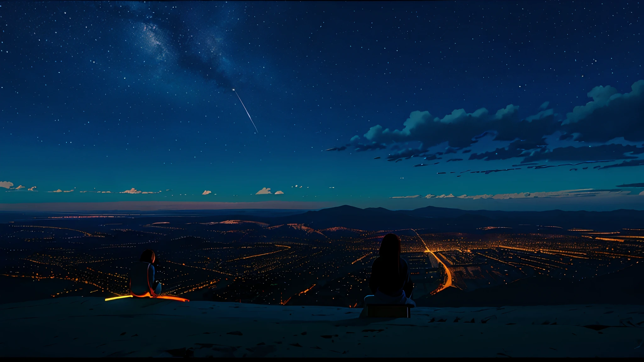 octane number, null, star (null), landscape, starry null, night, only , night null, alone, outdoor, sign, building, cloud, milky way, sitting, wood, long hair, city, silhouette, cityscape