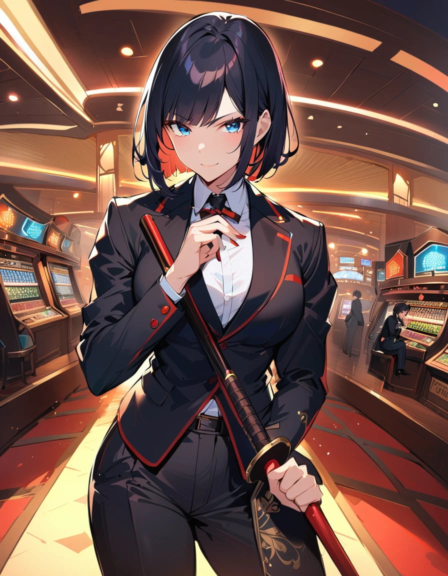 1girl, solo, Cool soldier girl, muscle, Putting Herbal cigar pipe, opening Japanese style cool design black over coat with red gold lines, (black secretary suit,), casino, stylish bob straight black hair, small sword at the waist, girl standing, (looking at viewer), serious smile face, beautiful best proportions body, detailed blue eyes, 
