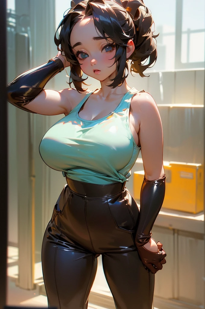 Gorilla Girl、Bright lighting、Beautiful illustrations、 (8k, RAW Photos, Highest quality, masterpiece:1.2), (Realistic, Photorealistic:1.37), Ultra-detailed, 1 girl, solo, cute, Beautiful poop、(((Tank top)))、(((Long leather trousers)))、((Huge 、Bursting Busty))