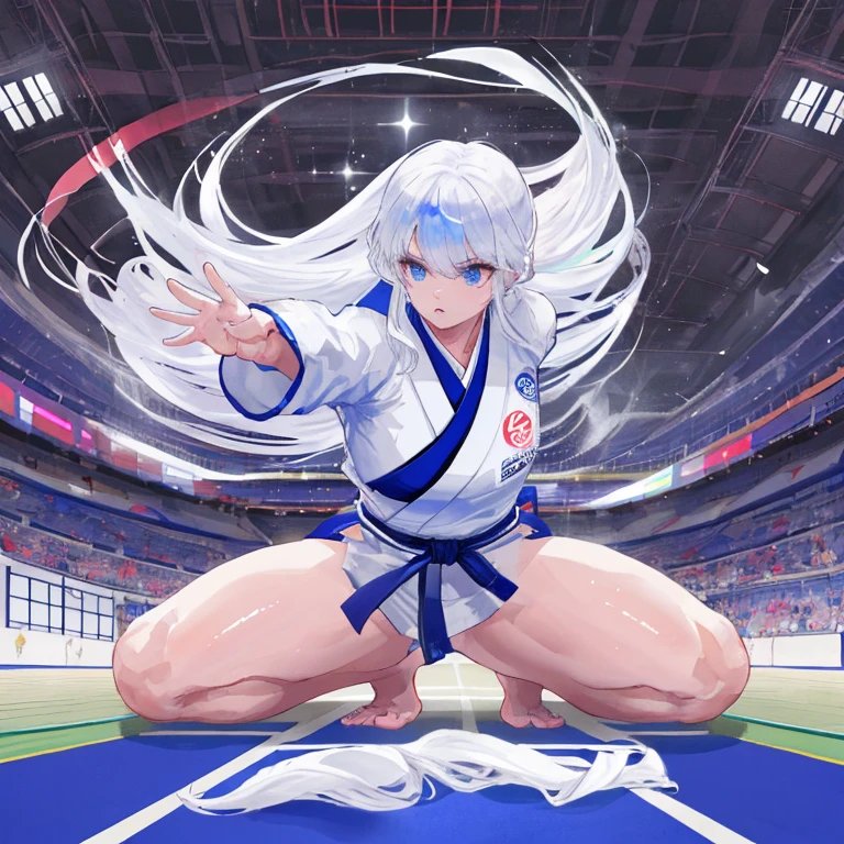 "Create an ultra-high resolution (33554432K) digital illustration depicting an exceptionally beautiful female judoka competing in the Paris Olympics. Blend hyper-realistic detail with surreal elements, futuristic technology, and iconic Parisian aesthetics to capture the essence of Olympic judo, the beauty of the athlete, and the unique charm of Paris.
Central Focus:
The Judoka: A stunningly beautiful woman executing a powerful judo throw mid-air.
The Dojo: A surreal judo arena that fuses traditional Japanese dojo elements with futuristic design and classic Parisian architecture.
Parisian Backdrop: A dreamlike integration of iconic Parisian landmarks seamlessly blended into the arena.
Athlete Details:
Face:
Perfectly balanced facial features with intense, focused eyes.
An expression of determination and power, showcasing both beauty and athletic intensity.
A subtle, ethereal glow emanating from the skin, suggesting inner strength and beauty.
Hair:
Dynamic, flowing hair partially contained in a high-tech judogi cap, with strands escaping and defying gravity.
Individual strands catching the light, creating a halo effect.
Body:
Athletic, toned physique showcasing strength, flexibility, and perfect form.
Muscles defined with a slight iridescent quality, suggesting both power and elegance.
Attire:
A futuristic judogi that blends traditional design with high-tech fabric and haute couture elements.
Subtle national colors and Olympic symbols integrated into the design.
Smart fabric that shifts colors or patterns with movement, reacting to the judoka's performance.
Judo Arena and Environment:
Tatami:
A hyper-detailed judo mat that transitions from traditional textures to transparent sections revealing Parisian streets below.
Mat sections that glow and pulse with energy, reacting to the judokas' movements.
Arena Structure:
A blend of traditional Japanese dojo architecture with Parisian Art Nouveau elements and futuristic design.
Spectator areas that seamlessly transition into 