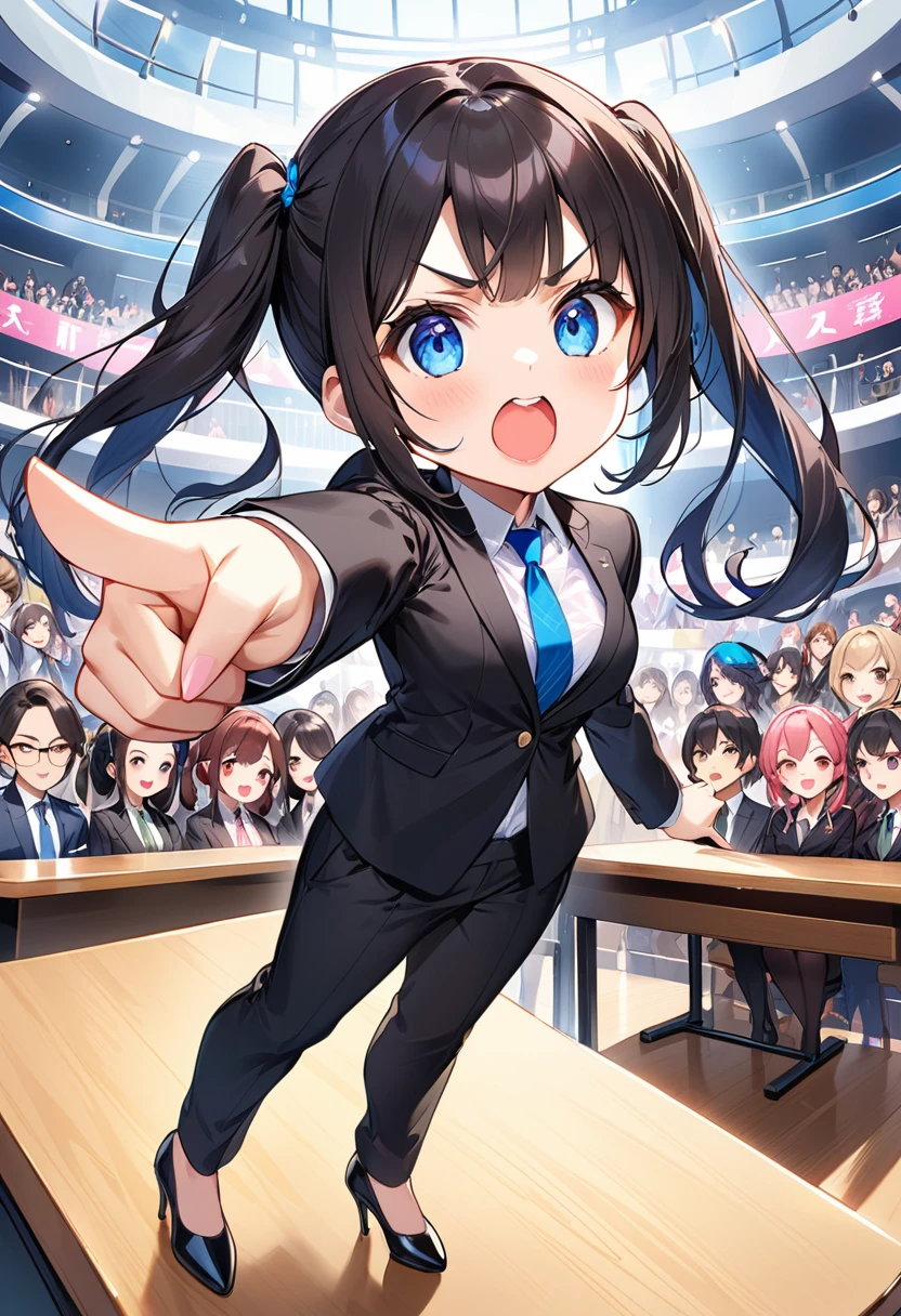 Highest quality、High resolution、Detailed Background、Beautiful face in every detail、Anatomically correct、Detailed facial expressions、fine grain、((full body, ((side shot:1.3)), looking away:1.5)), break　((One Girl、Chibi Girl))、(lawyer)、Jet Black Hair、Big beautiful blue eyes、light makeup, Angry face、Open your mouth and shout、Fuller lips、Pink Lips、Braided twin tails、break　(Luxury dark suit:1.3、Silk Shirt:1.3、tie、Black high heels)、break　((Stand on the desk:1.3))、Open your feet shoulder-width apart、Stand up straight、((Pointing to the horizontal:1.3)), (The background is the court、A lot of spectators）