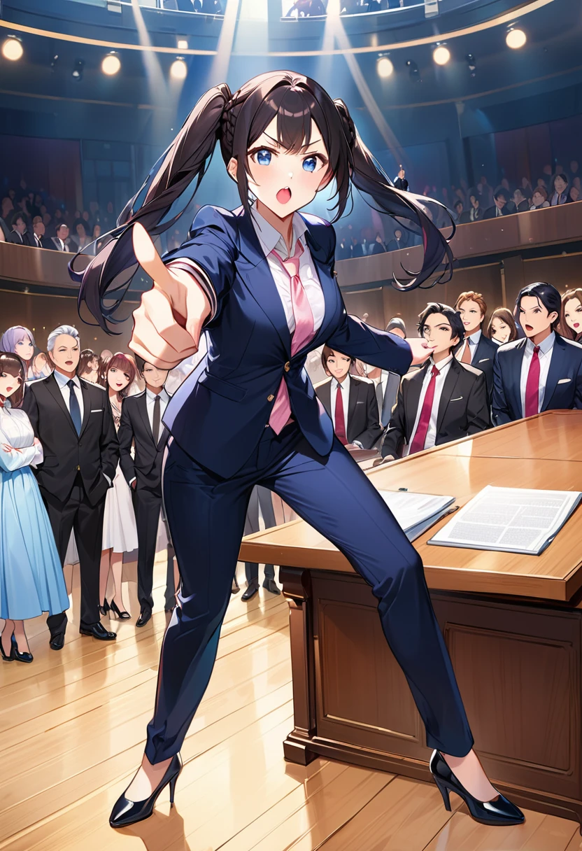 Highest quality、High resolution、Detailed Background、Beautiful face in every detail、Anatomically correct、Detailed facial expressions、fine grain、((full body, ((side shot:1.3)), looking away:1.5)), break　((One Girl、Chibi Girl))、(lawyer)、Jet Black Hair、Big beautiful blue eyes、light makeup, Angry face、Open your mouth and shout、Fuller lips、Pink Lips、Braided twin tails、break　(Luxury dark suit:1.3、Silk Shirt:1.3、tie、Black high heels)、break　((Stand on the desk:1.3))、Open your feet shoulder-width apart、Stand up straight、((Pointing to the horizontal:1.3)), (The background is the court、A lot of spectators）