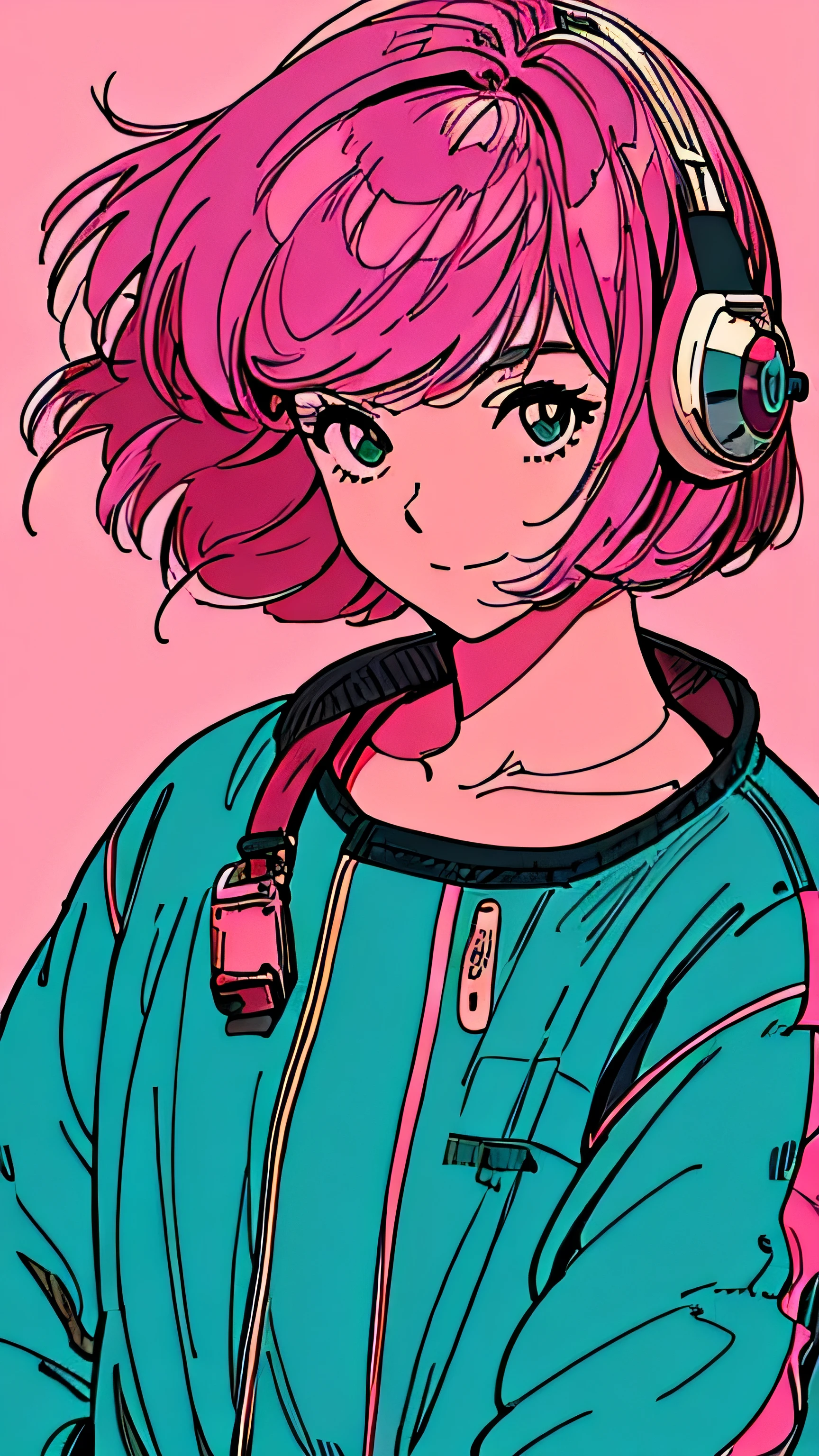masterpiece, Street Fascion, Pink Hair, fluffy bob cut, Shoulder length, alone, Futuristic, still, praise, Retro, alley, High resolution, He laughs, The wind is blowing, ((Buckshot)), avert your eyes, High resolution, Chillout, Wear headphones, Simple Background