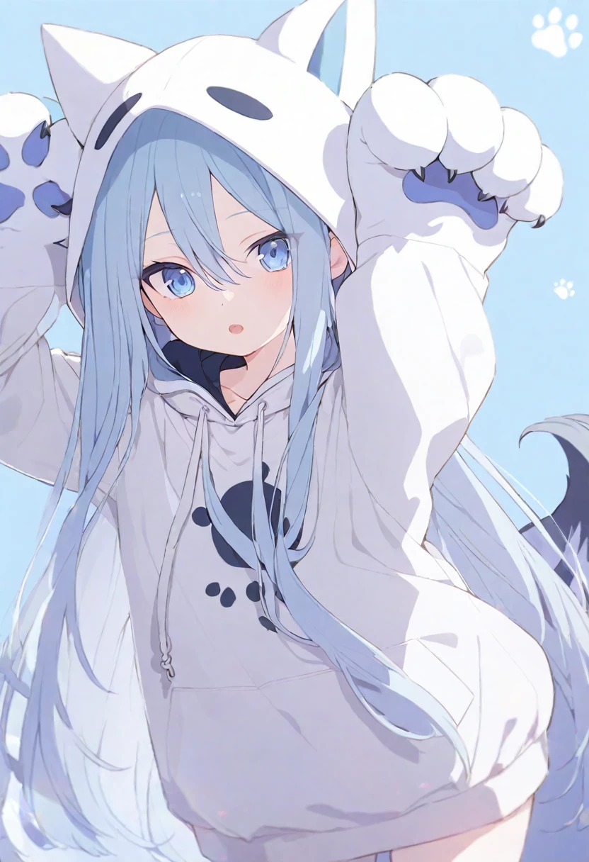 yoisaki kanade, 1girl, hood, blue eyes, solo, long hair, tail, hoodie, white hoodie, blue background, simple background, animal hood, looking at viewer, paw print, open mouth, hair between eyes, cowboy shot, paw print, drawstring, looking at viewer, oversized clothes, open mouth, hood up, hair between eyes, blush, tail, animal hands, , animal hood, paw pose, arms up, very long hair, fox hood, blue hair, fox tail, project sekai