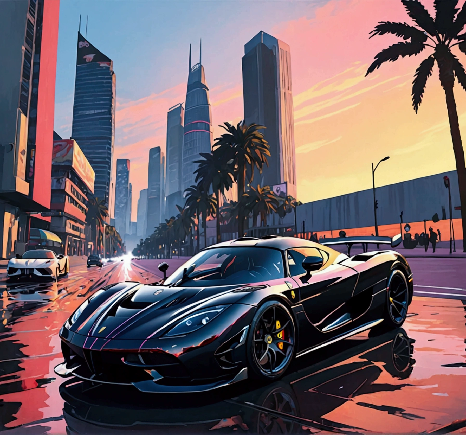 best quality, masterpiece, photo, 4K, photorealistic, highly detailed, La Ferrari, techwear, cyberpunk city, solo, futuristic,koenigsegg agera RS, Grand Theft Auto
