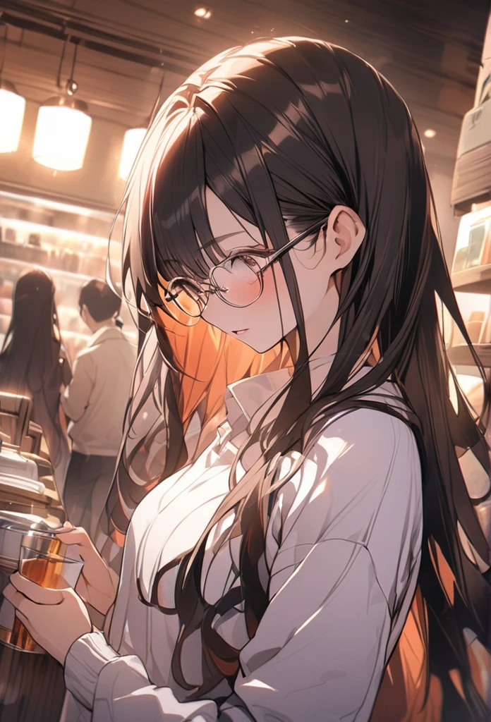Miscellaneous goods store、Stylish、girl with glasses、Straight long hair、Dynamic Angle、Warm colored light、masterpiece