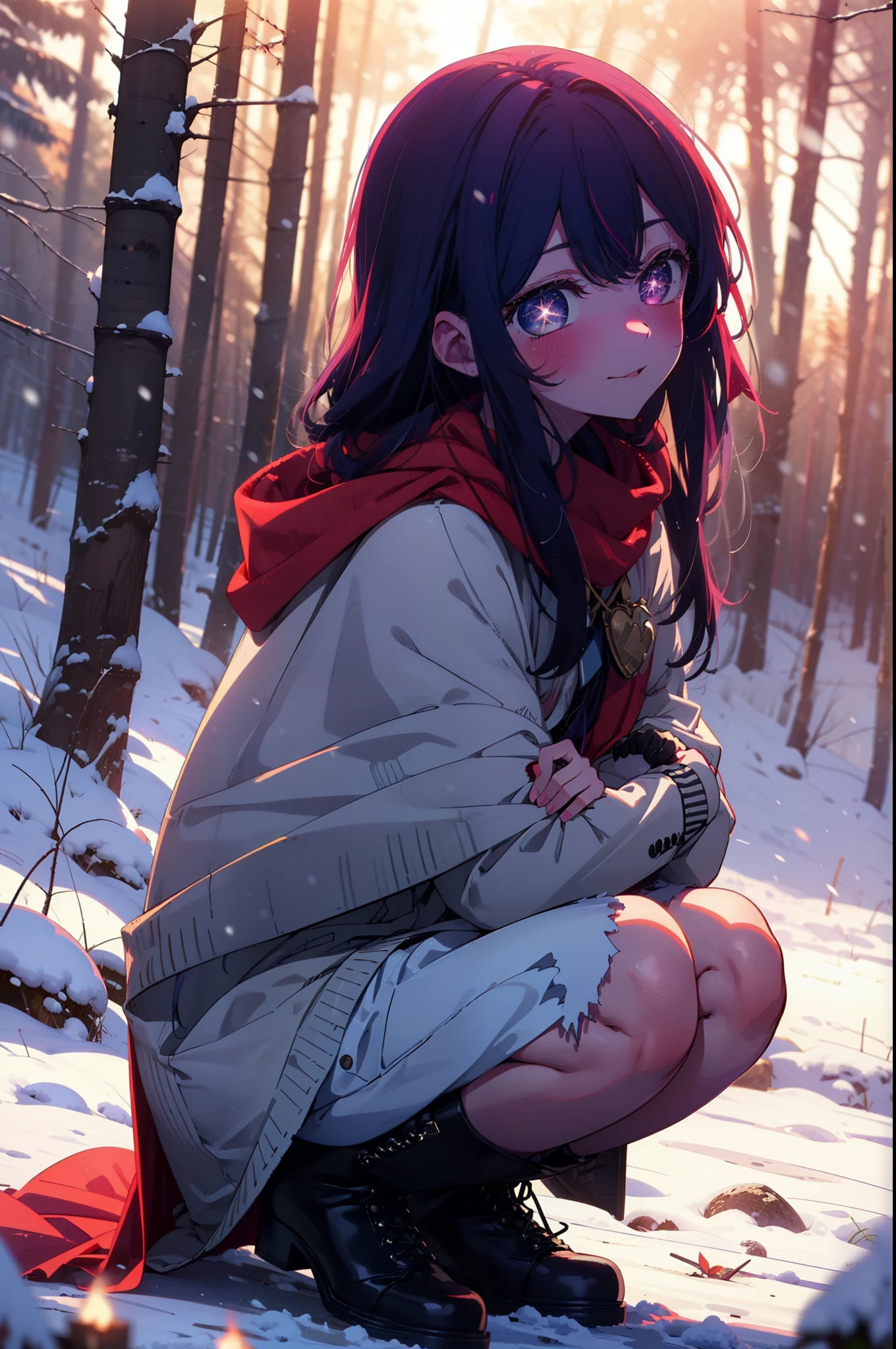 aihoshino, Ai Hoshino, Long Hair, bangs, (Purple eyes:1.1), Purple Hair, (Symbol-shaped pupil:1.5), smile,,smile,blush,white breath,
Open your mouth,snow,Ground bonfire, Outdoor, boots, snowing, From the side, wood, suitcase, Cape, Blurred, , forest, White handbag, nature, Squat, Mouth closed, Cape, winter, Written boundary depth, Black shoes, red Cape break looking at viewer, Upper Body, whole body, break Outdoor, forest, nature, break (masterpiece:1.2), Highest quality, High resolution, unity 8k wallpaper, (shape:0.8), (Beautiful and beautiful eyes:1.6), Highly detailed face, Perfect lighting, Highly detailed CG, (Perfect hands, Perfect Anatomy),