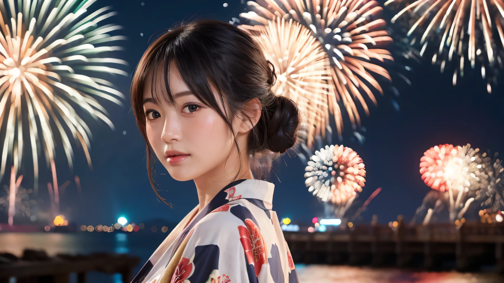 kawaii, (1woman), (yukata), (Best Quality:1.4), Realistic, extremely detailed CG unified 8k wallpaper, highly detailed, professional photography, Close up portrait of girl, Outdoors, Beautiful scenery, beach, (The night sky, fireworks, beautiful fireworks spreading across the sky:1.4), upper body photos, (Fine face:1.2), From the side
