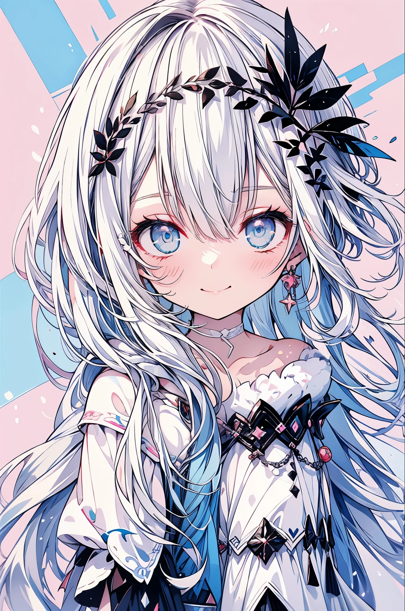 Highest quality,smile,woman,cute,Long Hair,White Hair,Light blue eyes,White off-the-shoulder tops,Checkered mini skirt,Pink background,Touching your face with your hands,